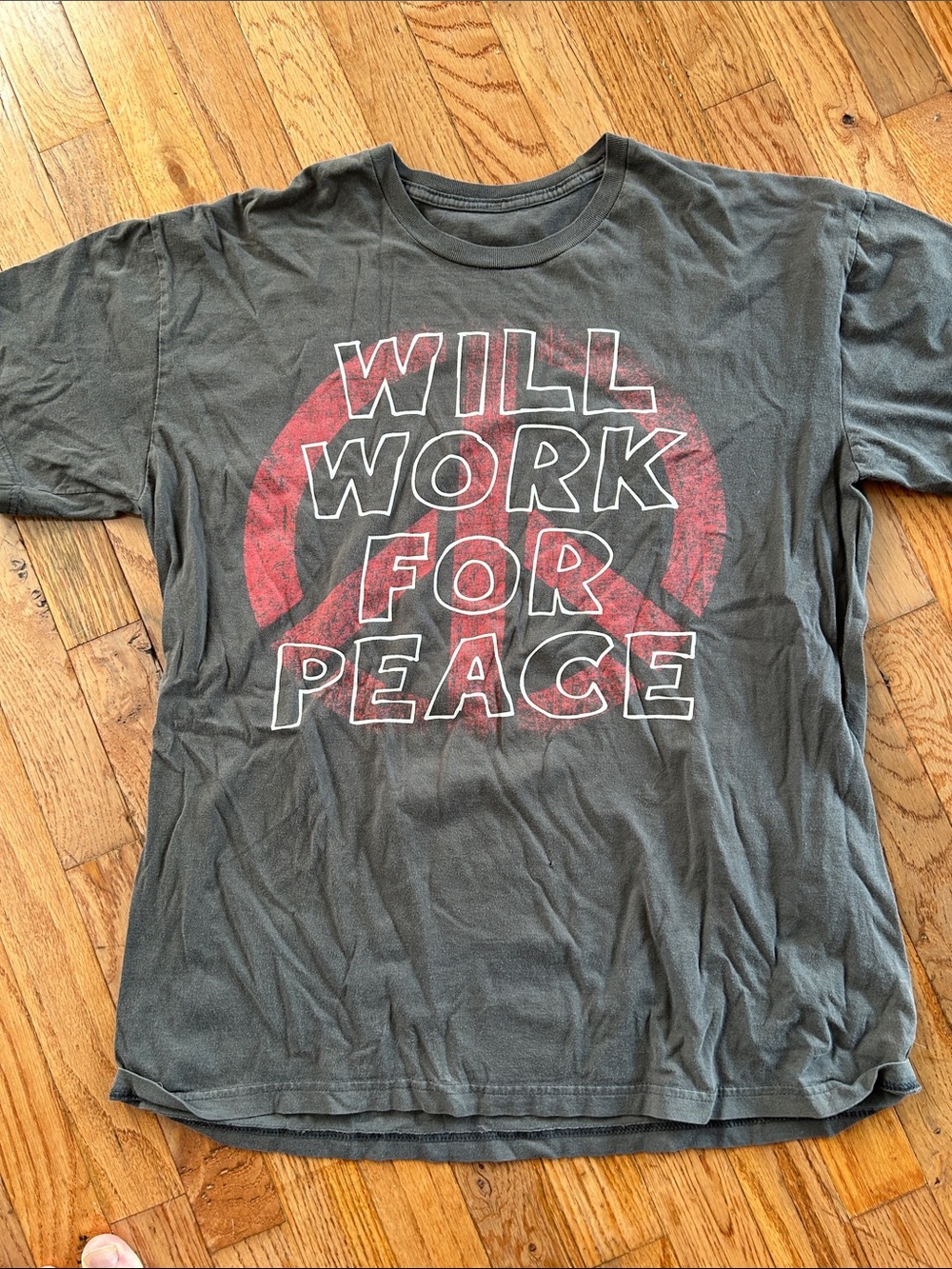 Will Work For Peace Graphic Tee - Gray with Red Peace Sign